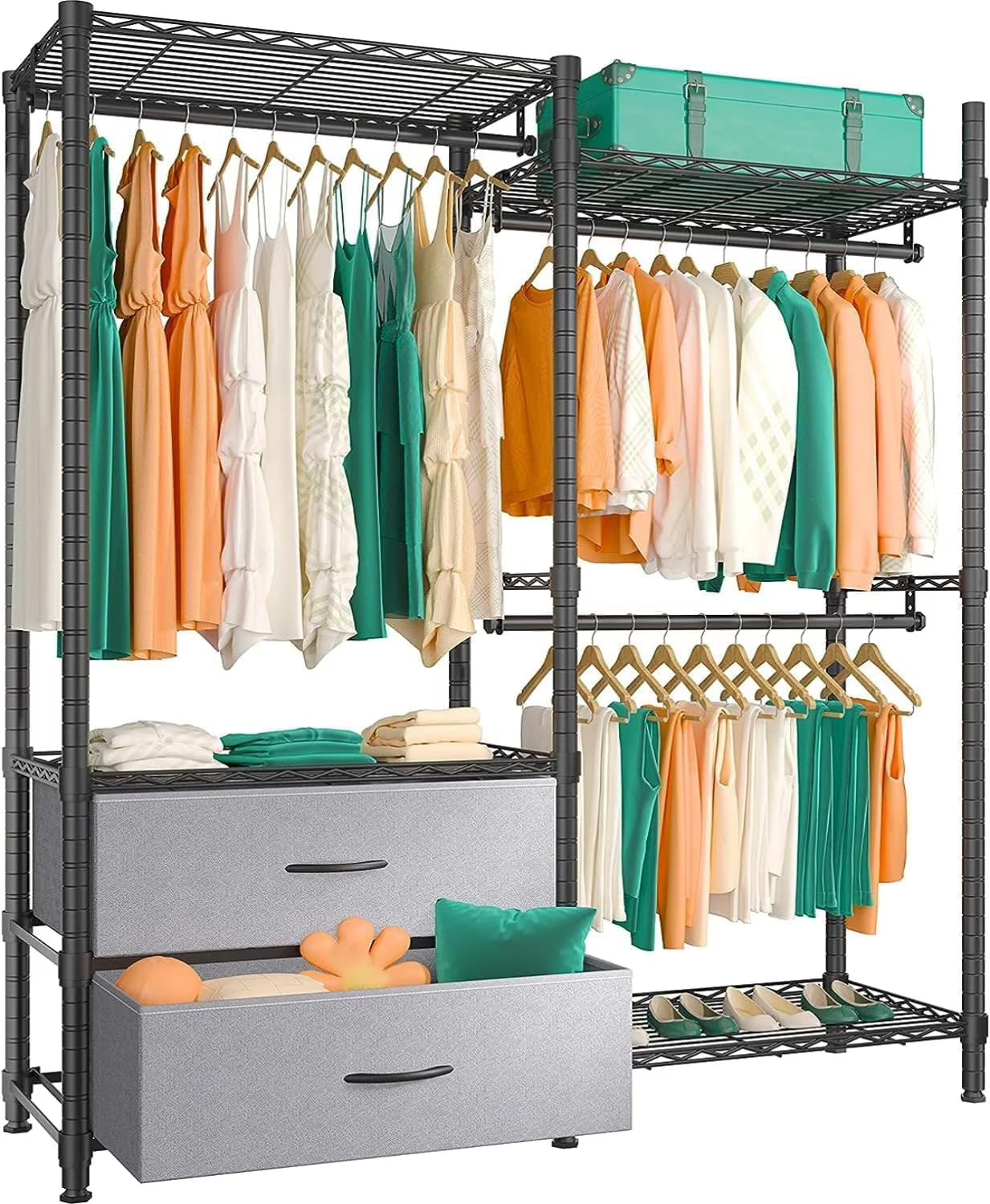 EnHomee Clothing Rack Heavy Duty Clothes Rack with 2 Drawers Adjustable Metal Wardrobe Organizer,620lbs Load Capacity