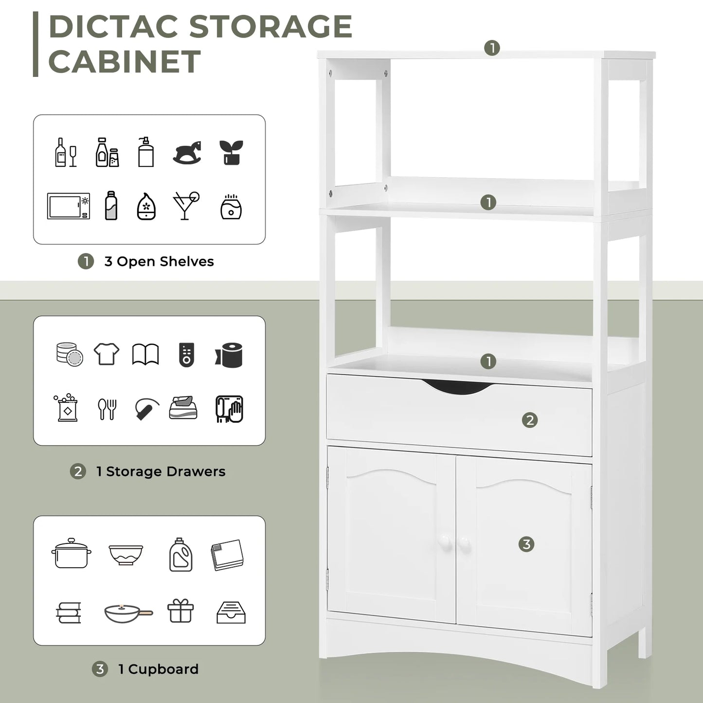 Kitchen Sideboard Pantry Cabinet Tall Freestanding Storage Cabinets with Shelves and Drawer for Bathroom Home Office, White