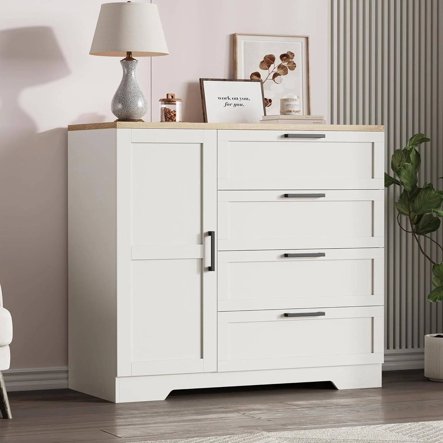 43.3" H Armoire Wardrobe Closet with 4 Drawers & Hanging Rod, Multifunctional Wood Storage Cabinet for Bedroom, Natural Oak