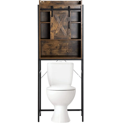 PWFE Farmhouse Over Toilet Bathroom Organizer, Freestanding Over The Toilet Storage Cabinet with Sliding Barn Door, Bathroom Space Saver Toilet Stands(Tan with metal frame)