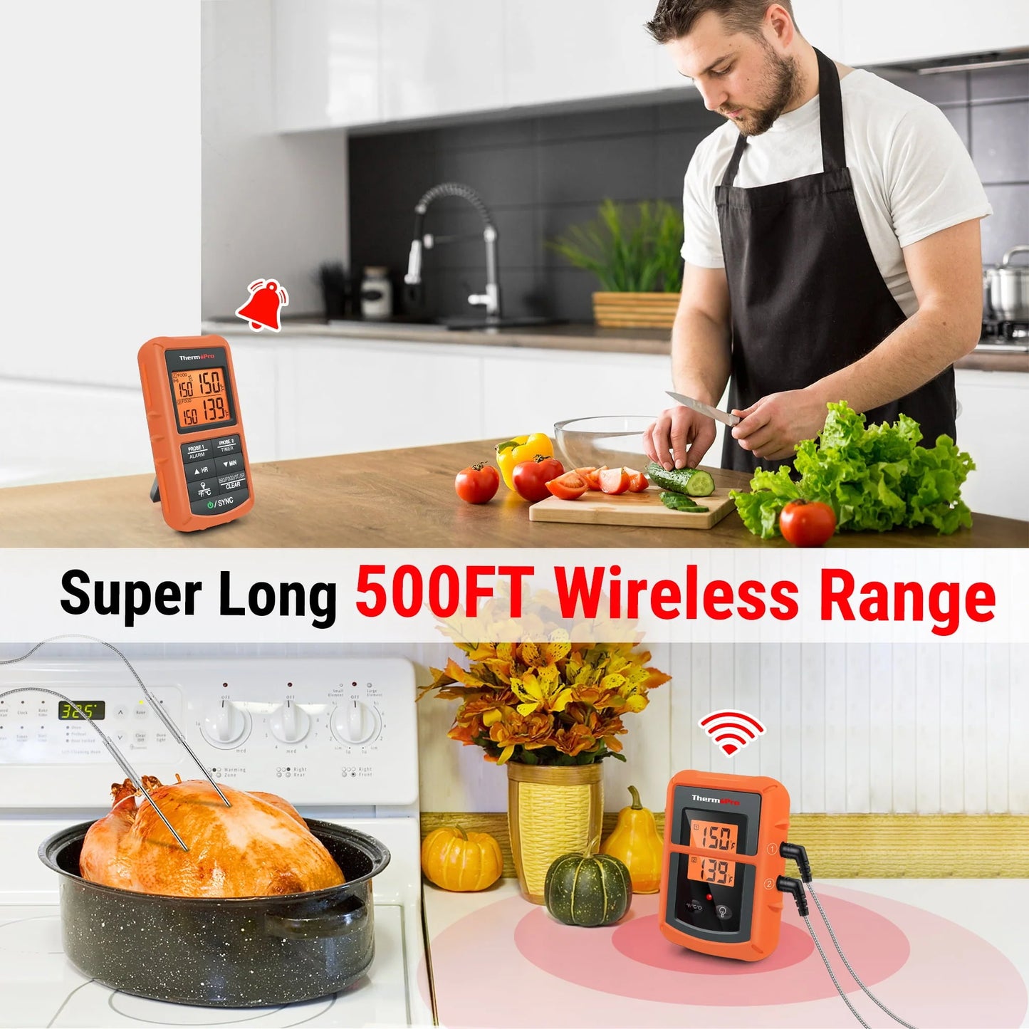ThermoPro TP08BW 500FT Wireless Meat Thermometer for Grilling Smoker BBQ Grill Oven Thermometer with Dual Probe Kitchen Cooking Food Thermometer