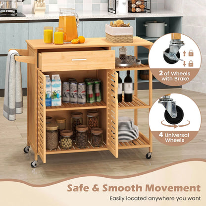 Costway 35.5" Kitchen Island Cartwith Lockable Wheels Drawer Open Shelves Towel Bar