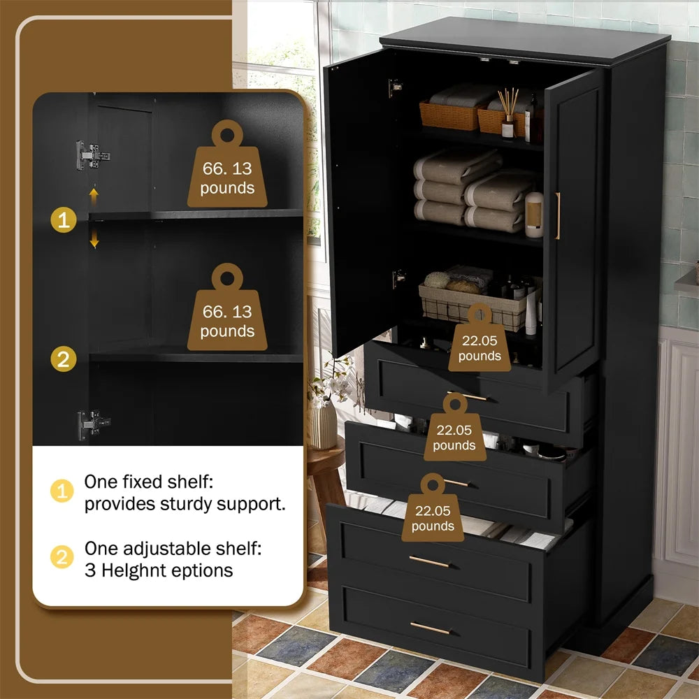 WGYPRIME 72.2'' Tall Bathroom Storage Cabinet, Freestanding Bathroom Floor Cabinet with 1 Doors and 3 Drawers, Modern Elegant Style Floor Cabinet w/Adjustable Shelf