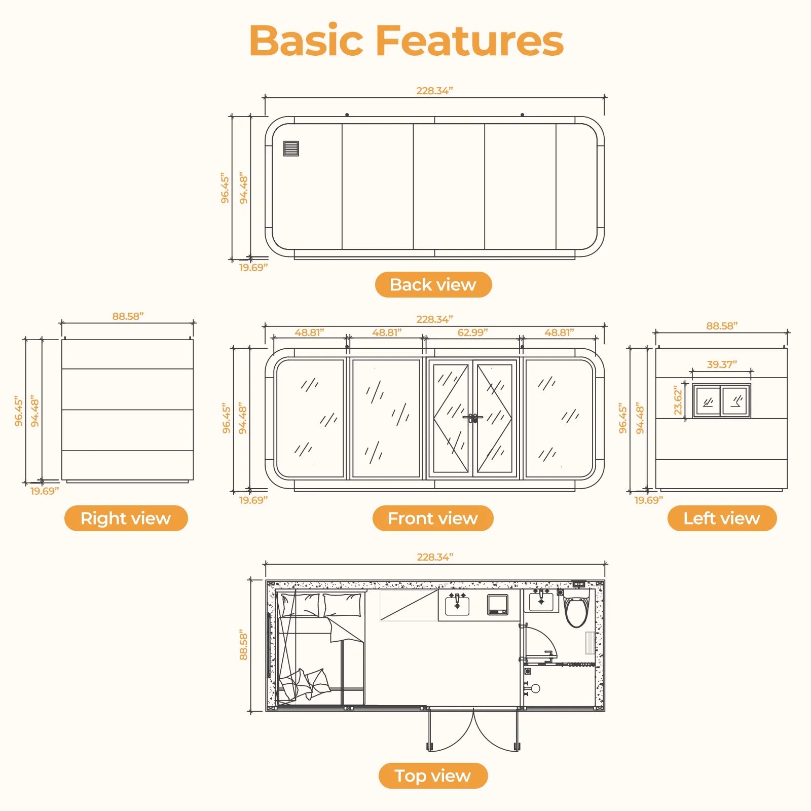 Luxury Modern prefab Cabin - 19ft Mobile Capsule with Bedroom, Kitchen and Bathroom, Storm Resistant prefab Cabin -16 Typhoon and 12 Earthquake Proof Mobile Cabin for Travel and Outdoor Living