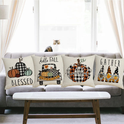 Thanksgiving Throw Pillow Covers for Thanksgiving Decor Farmhouse Buffalo Check Plaid Pumpkin Outdoor Pillows for Thanksgiving day Home Decor 18x18 in, Set of 4