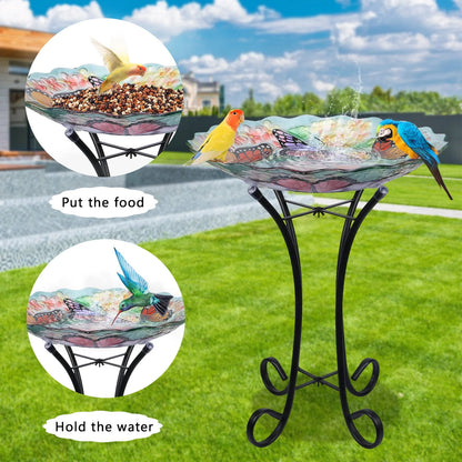 Glass Birdbath with Metal Stand Outdoor for Lawn Yard Garden Butterfly Decor, 18” Dia 21.65” Height