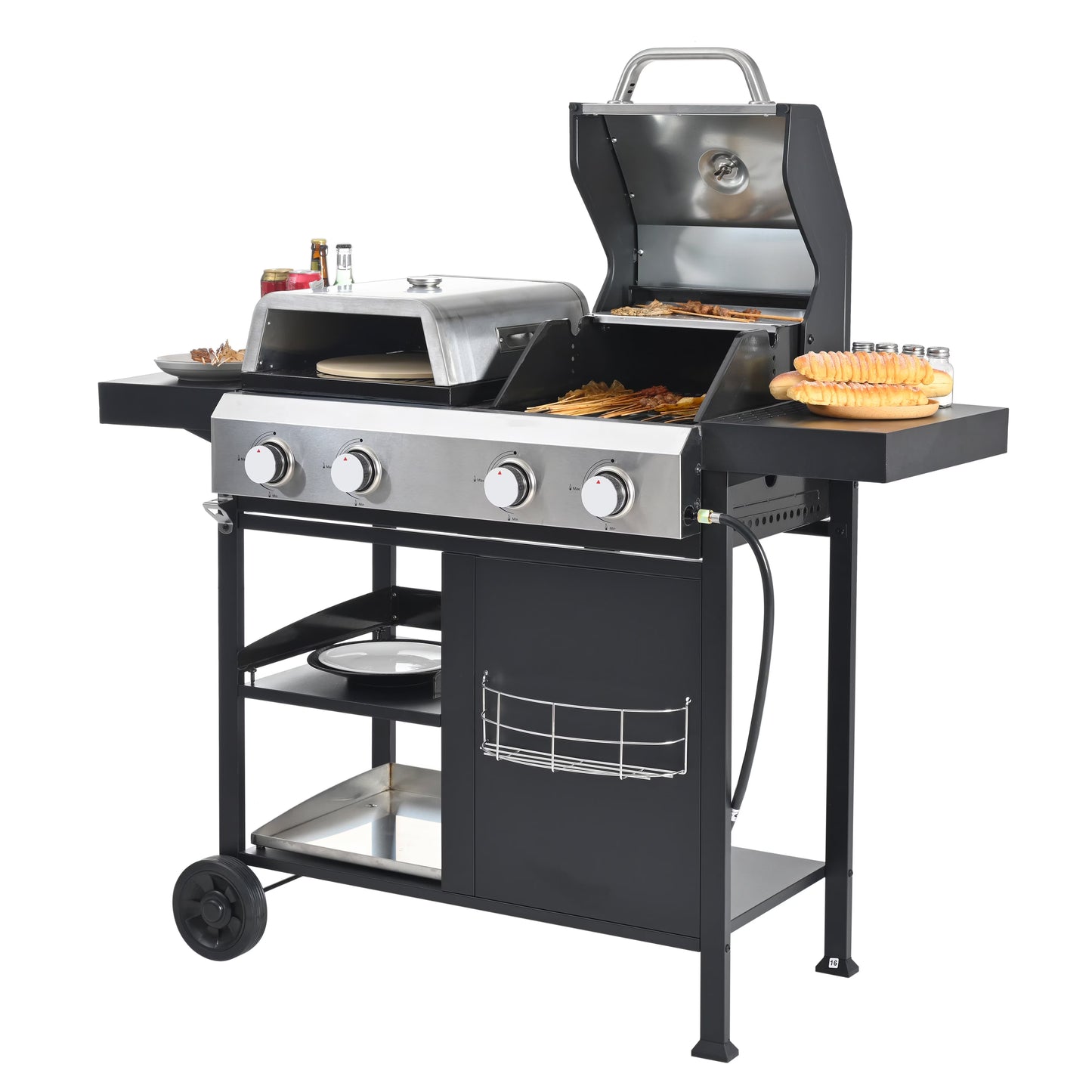 4-Burner BBQ Grill W/Side Burner, 50,000BTU Gas Propane Grill Portable with Storage Cabinet, Heavy-Duty Stainless Steel Outdoor Cooking, with Tank Hook, Towel Rack, Steel Brush