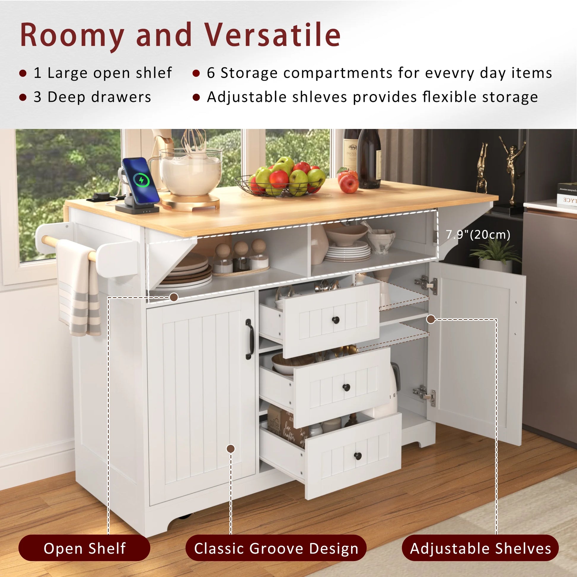 Yoneston 55.7" Kitchen Island with Drop Leaf and Power Outlet, Rolling Kitchen Cart with Spice Towel Rack, Folding Storage Dining Table with 3 Drawers 2 Doors for Kitchen Dining Room, White