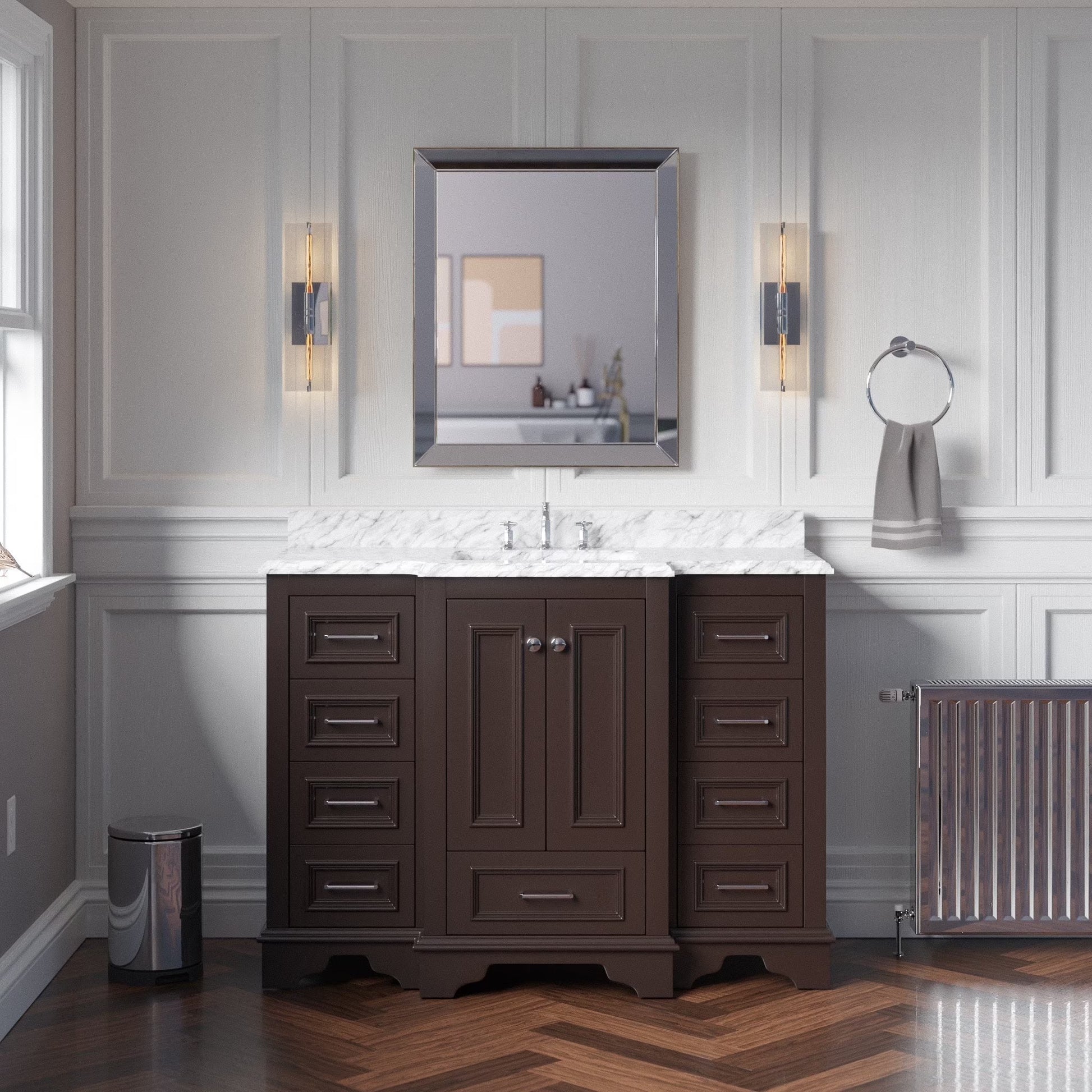 Nantucket 48" Bathroom Vanity with White Cabinet and Carrara Marble Top