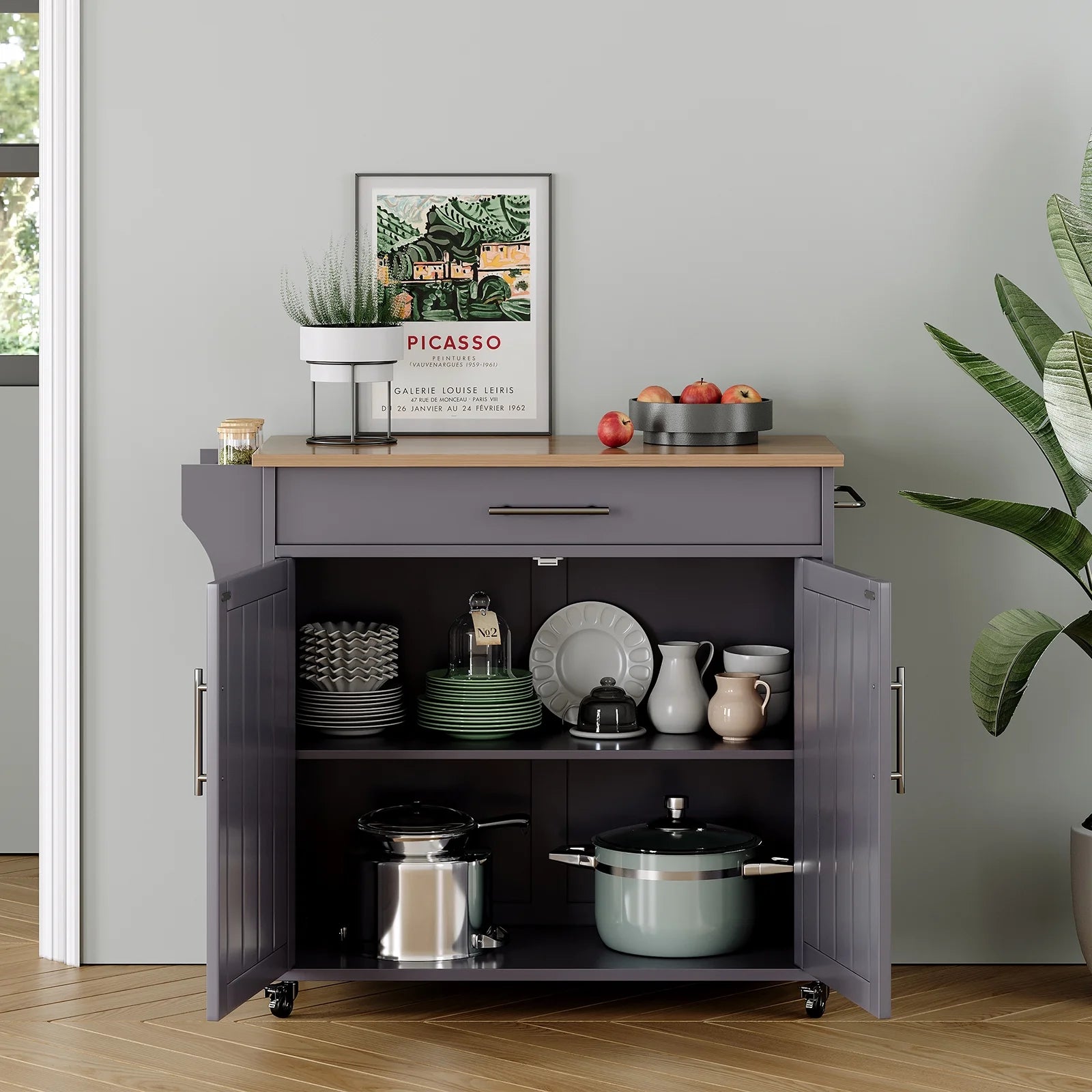 Pingliang Home Rolling Kitchen Storage Carts with Towel Rack and Drawers, Kitchen Island with Wheel,Rubberwood,White, 35"