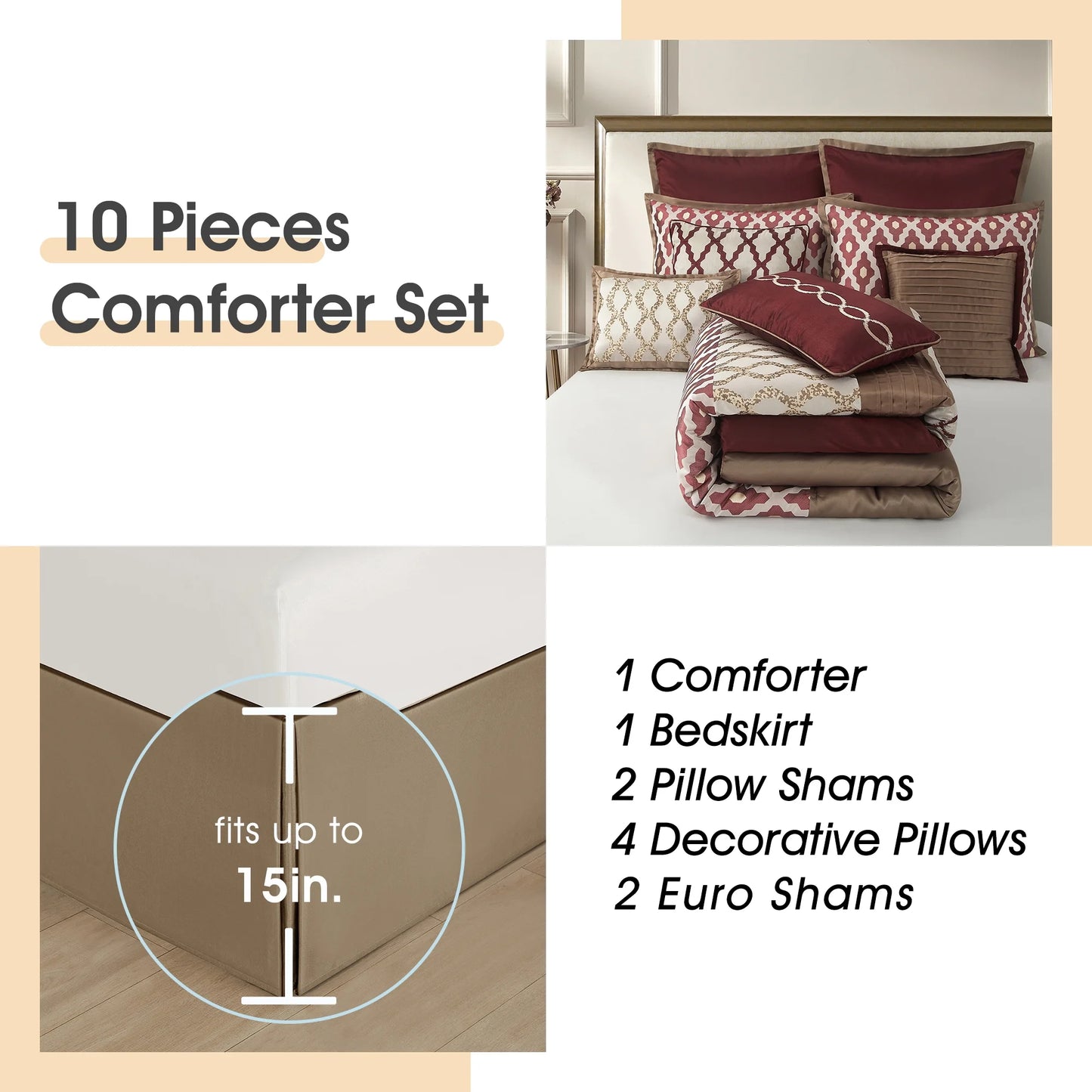 LANCO MODERN LIFESTYLE King Size Comforter Set, Burgundy, 10 Piece Bed in a Bag for All Seasons, Luxury Extreme Comfort Bedding Sets with Bedskirt, Pillow Shams, Euro Shams and Decor Pillows