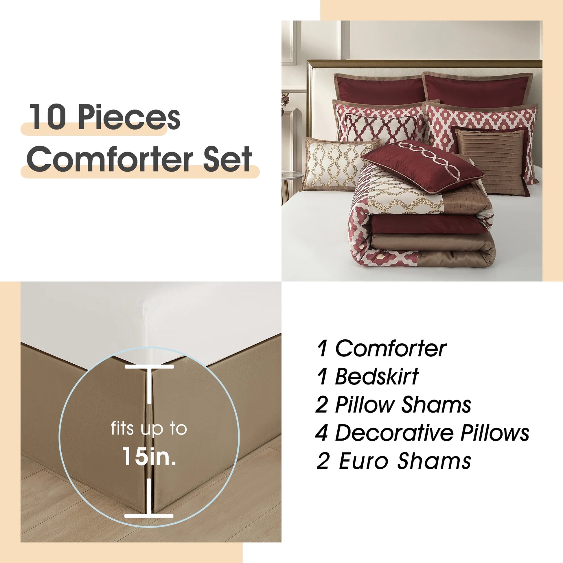 LANCO MODERN LIFESTYLE King Size Comforter Set, Burgundy, 10 Piece Bed in a Bag for All Seasons, Luxury Extreme Comfort Bedding Sets with Bedskirt, Pillow Shams, Euro Shams and Decor Pillows
