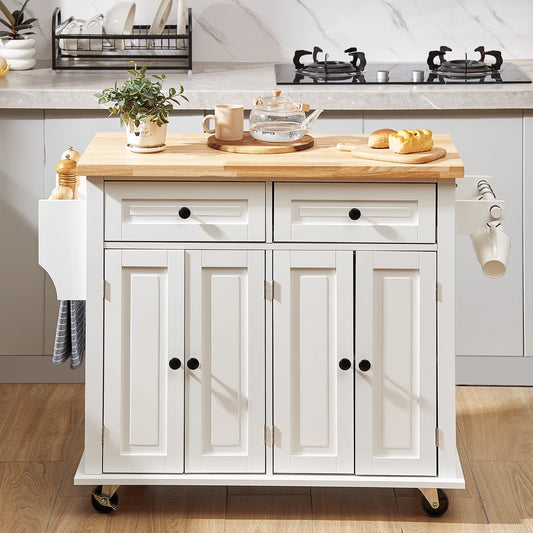 BENTISM 35.4" Kitchen Island on Wheels Cart Rubber Solid Wood Countertop Rolling Storage Cabinet with 2 Drawers & Spice Rack & Towel Holder, White