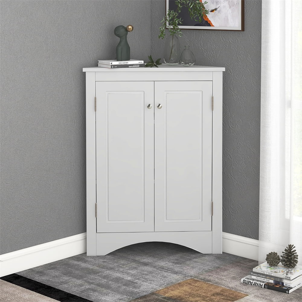 Home Floor Corner Cabinet with Adjustable Shelves and Two Doors, Triangle Bathroom Storage Cabinet, Modern Style Freestanding Floor Cabinet for Kitchen, Living Room and Hall, Oak