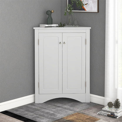 Home Floor Corner Cabinet with Adjustable Shelves and Two Doors, Triangle Bathroom Storage Cabinet, Modern Style Freestanding Floor Cabinet for Kitchen, Living Room and Hall, Oak