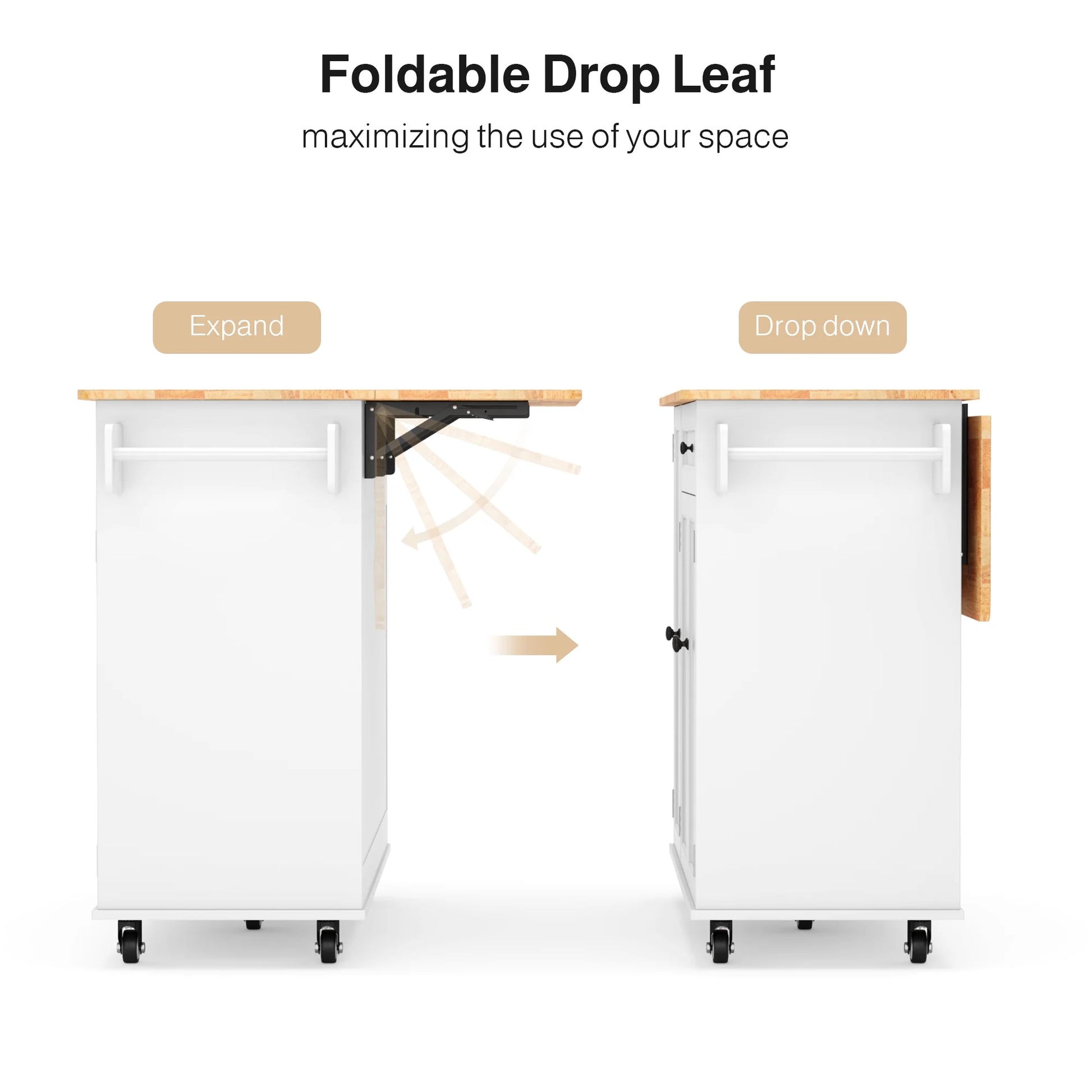 Kitchen Island with Storage - Lofka Rolling Kitchen Cart with Solid Wood Top,Drawers,Spice Rack & Towel Bar - Mobile Workstation for Small Kitchen,Dining Room ,White