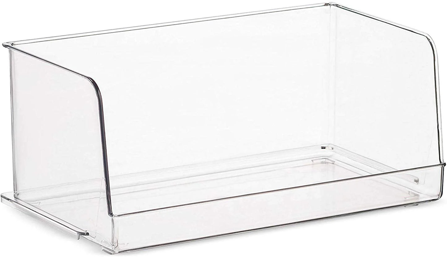 Set Of 4 Clear Pantry Organizer Bins Stackable Household Plastic Food Storage Basket with Wide Open Front for Kitchen, Countertops, Cabinets, Refrigerator, Freezer, Bedrooms, Bathrooms - 12" Wide