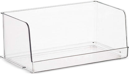 Set Of 4 Clear Pantry Organizer Bins Stackable Household Plastic Food Storage Basket with Wide Open Front for Kitchen, Countertops, Cabinets, Refrigerator, Freezer, Bedrooms, Bathrooms - 12" Wide