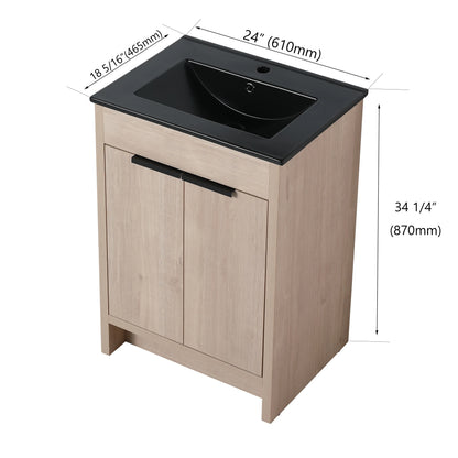 BNK 24/30/36 inch Freestanding Single Sink Bathroom Vanity with Soft Close Door and 1 adjustable shelf 24"W x 18.3"D x 35"H - Plain Light Oak