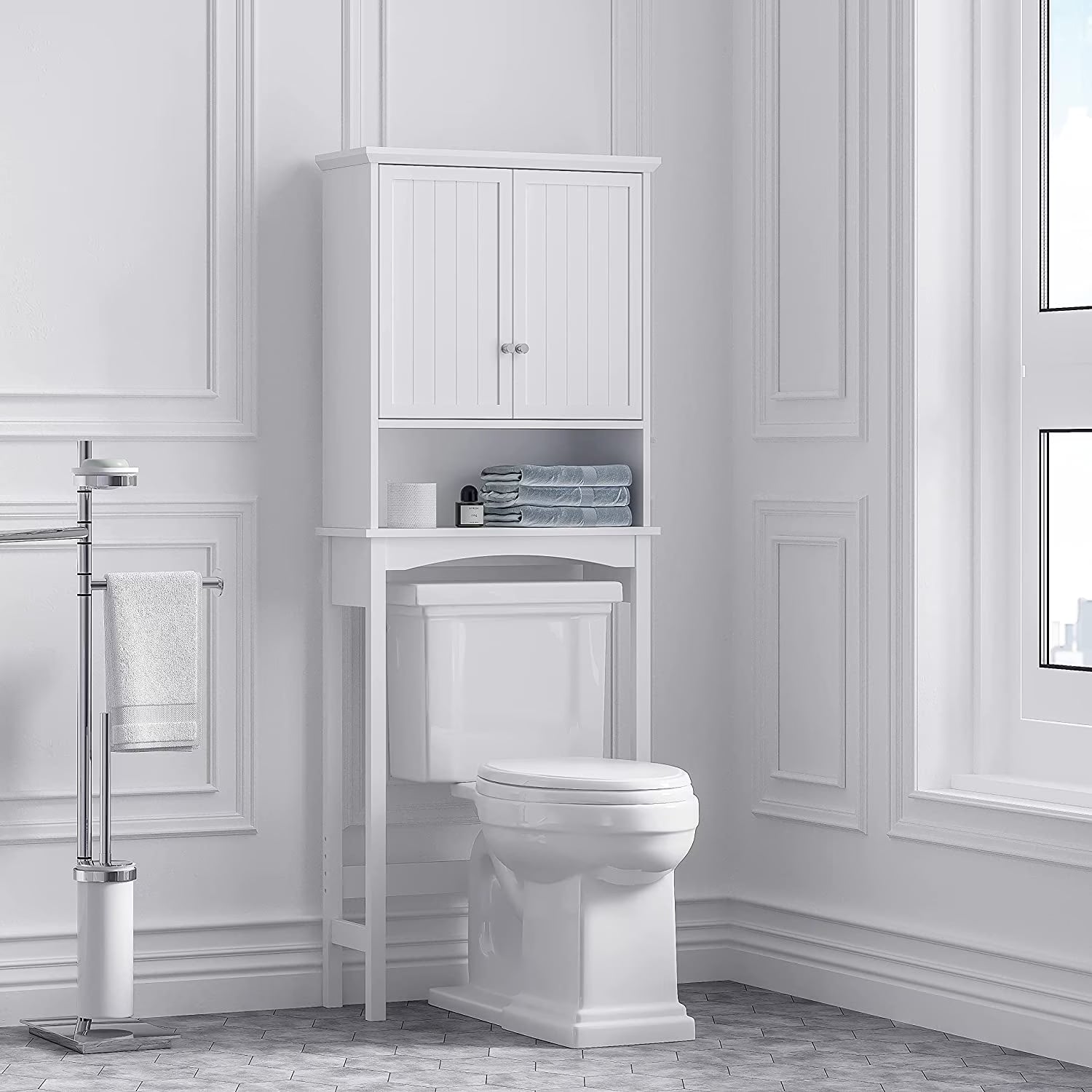 Spirich Home Bathroom Storage over The Toilet, Bathroom Cabinet Organizer with Adjustable Shelf and Double Doors, White Finish