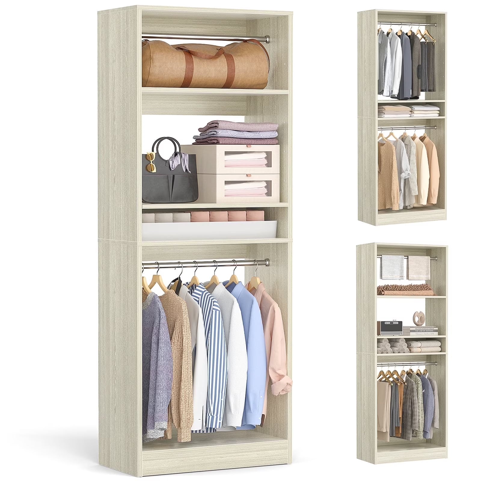 Homieasy 25°?Closet System, Freestanding Closet Organizer Wardrobe with Hanging Rods and Shelves, Adjustable Clothes Garment Rack, Sturdy Walk in Closet Tower, White