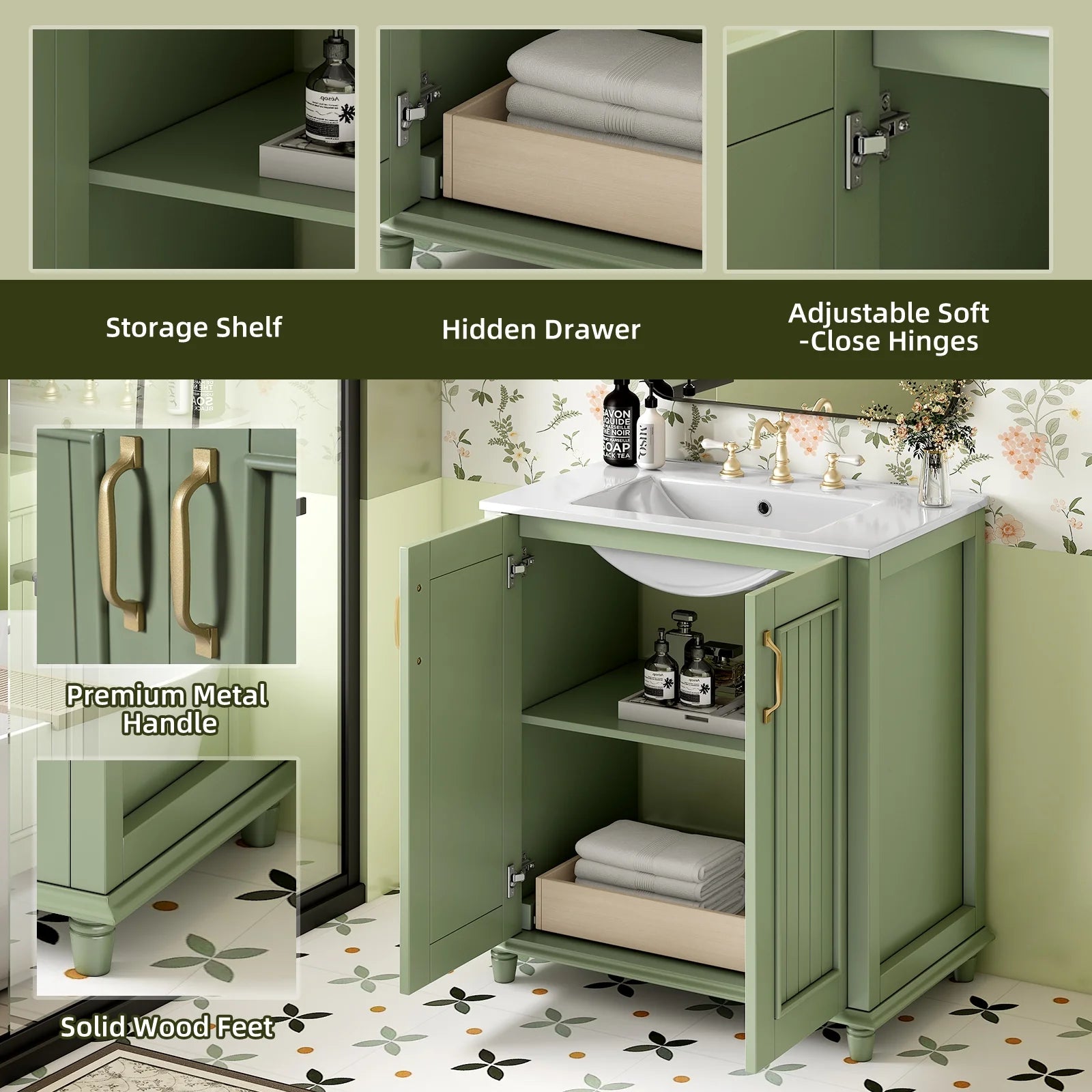 Harper & Bright Designs 30" Bathroom Vanity with Sink, Bathroom Storage Cabinet with Drawers, Single Sink Bathroom Vanity, Green