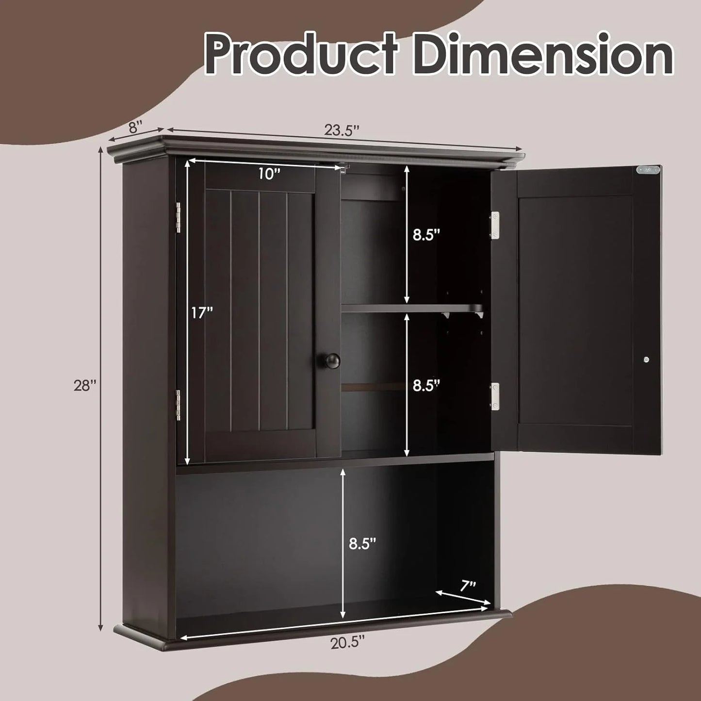 NALYL Wall Mount Bathroom Cabinet Wooden Medicine Cabinet Storage Organizer with 2-Doors and 1-Shelf Cottage Collection Wall Cabinet (Espresso)