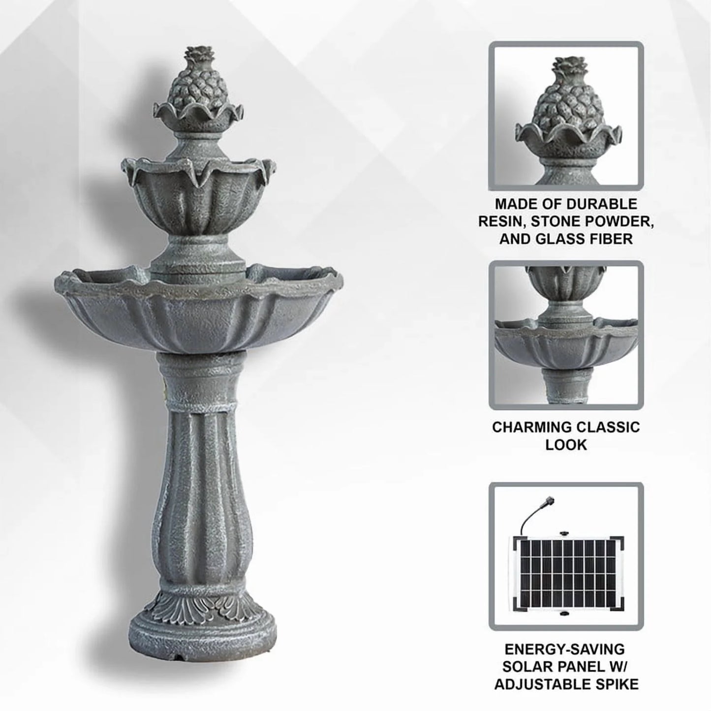 XBrand 36.2" 2-Tier Outdoor Freestanding Solar Water Fountain - Classic Design, Grey Resin Bird Bath with Pump - Ideal for Yard, Lawn and Garden, Porch Dcor