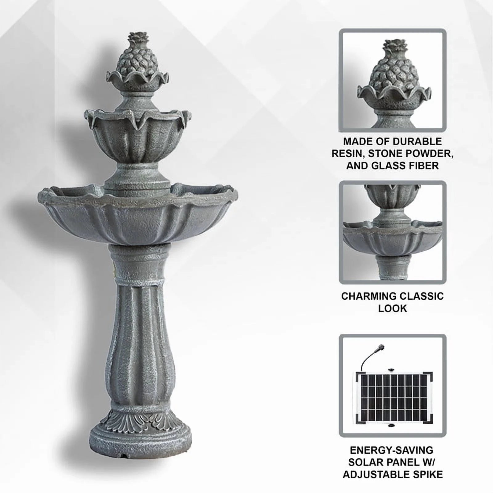 XBrand 36.2" 2-Tier Outdoor Freestanding Solar Water Fountain - Classic Design, Grey Resin Bird Bath with Pump - Ideal for Yard, Lawn and Garden, Porch Dcor