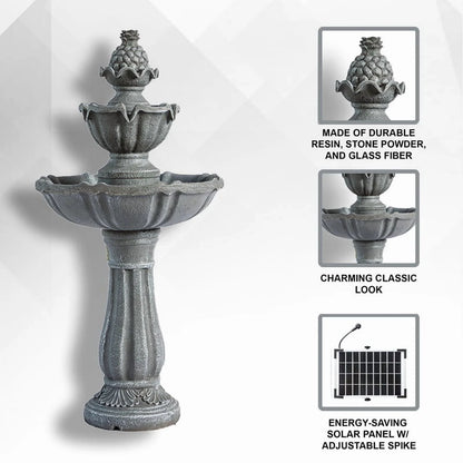 XBrand 36.2" 2-Tier Outdoor Freestanding Solar Water Fountain - Classic Design, Grey Resin Bird Bath with Pump - Ideal for Yard, Lawn and Garden, Porch Dcor