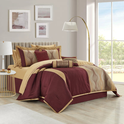 Lanco Elegant Black and Gold Comforter Set,Striped, 7 Pieces Jacquard Bedding Sets with Comforter for All Season, Bed Skirt, Pillows & Shams, Queen Size, Lightweight Microfiber