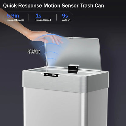 LAZY BUDDY 60 Liter/16 Gallon Stainless Steel Motion Sensor Trash Can for Kitchen, Bathroom, Rectangular