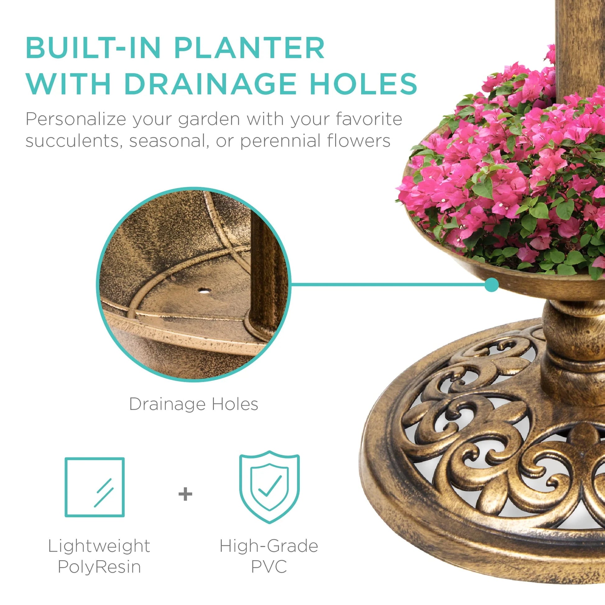 Best Choice Products Solar Lighted Pedestal Bird Bath w/Planter, Integrated Panel - Bronze