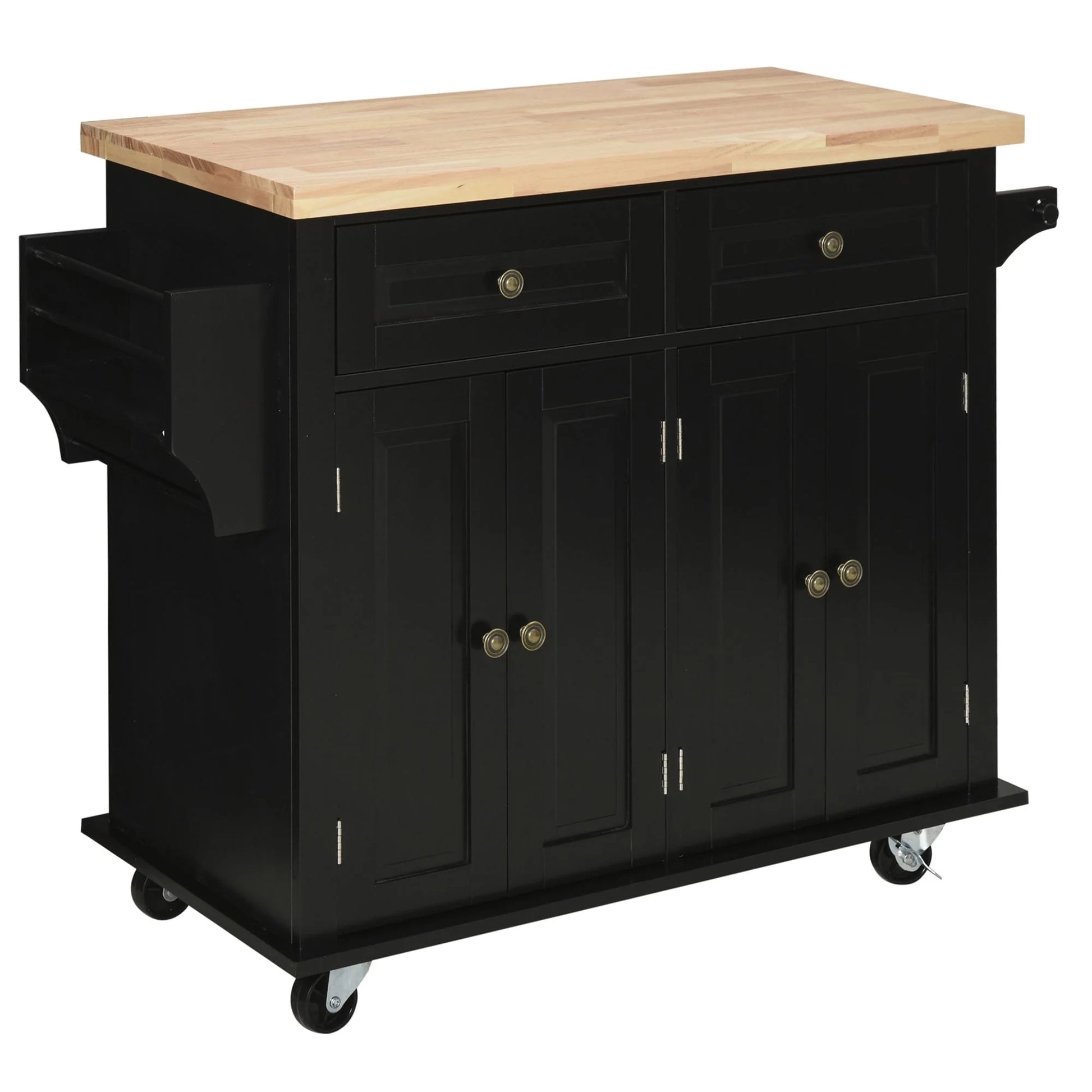HomCom Rolling Kitchen Island Cart with Rubber Wood Top, Spice Rack, Towel Rack & Drawers