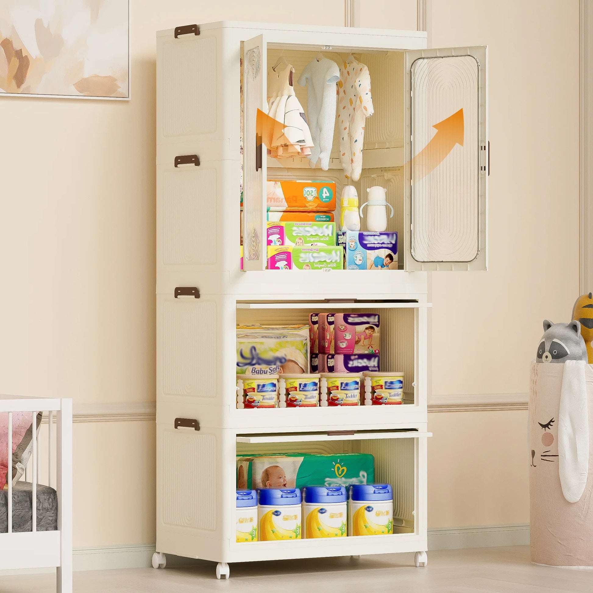 Montary Kids Portable Wardrobe w/Magnetic Doors & Hanging Rod - 4-Cube Plastic Storage Cabinet,Nursery/Bedroom