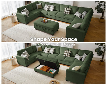 CHIC HOUSE 154.5" Sectional Sofa with Storage Ottoman Chaise, Corduroy U Shaped Sofa Convertible Sectional Couches for Living Room, 12 Seater Corner Modular Sofa with Deep Seat Throw Pillows, Green