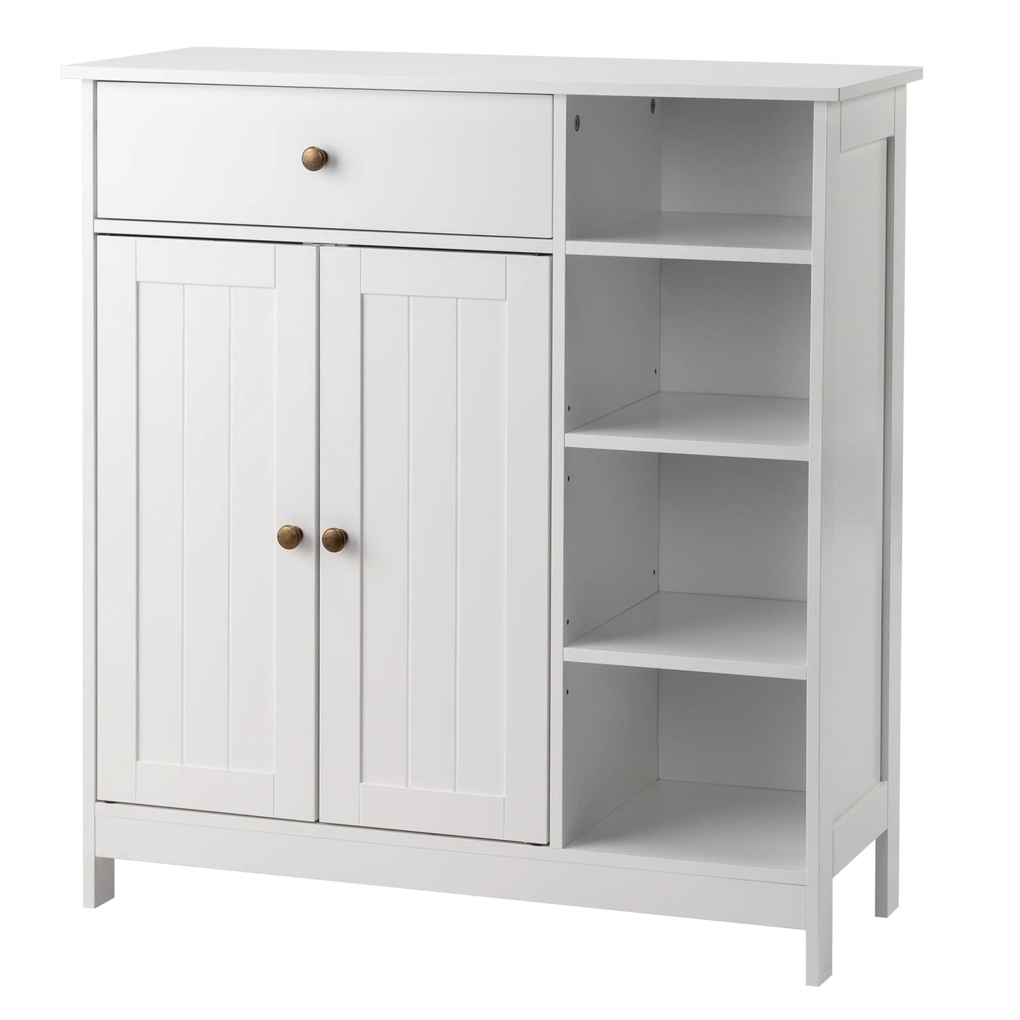 Zimtown Wooden 2-Door Bathroom Cabinet Storage Organizer with 2 Shelves& 1 Drawer & Three-layer Side Rack, White