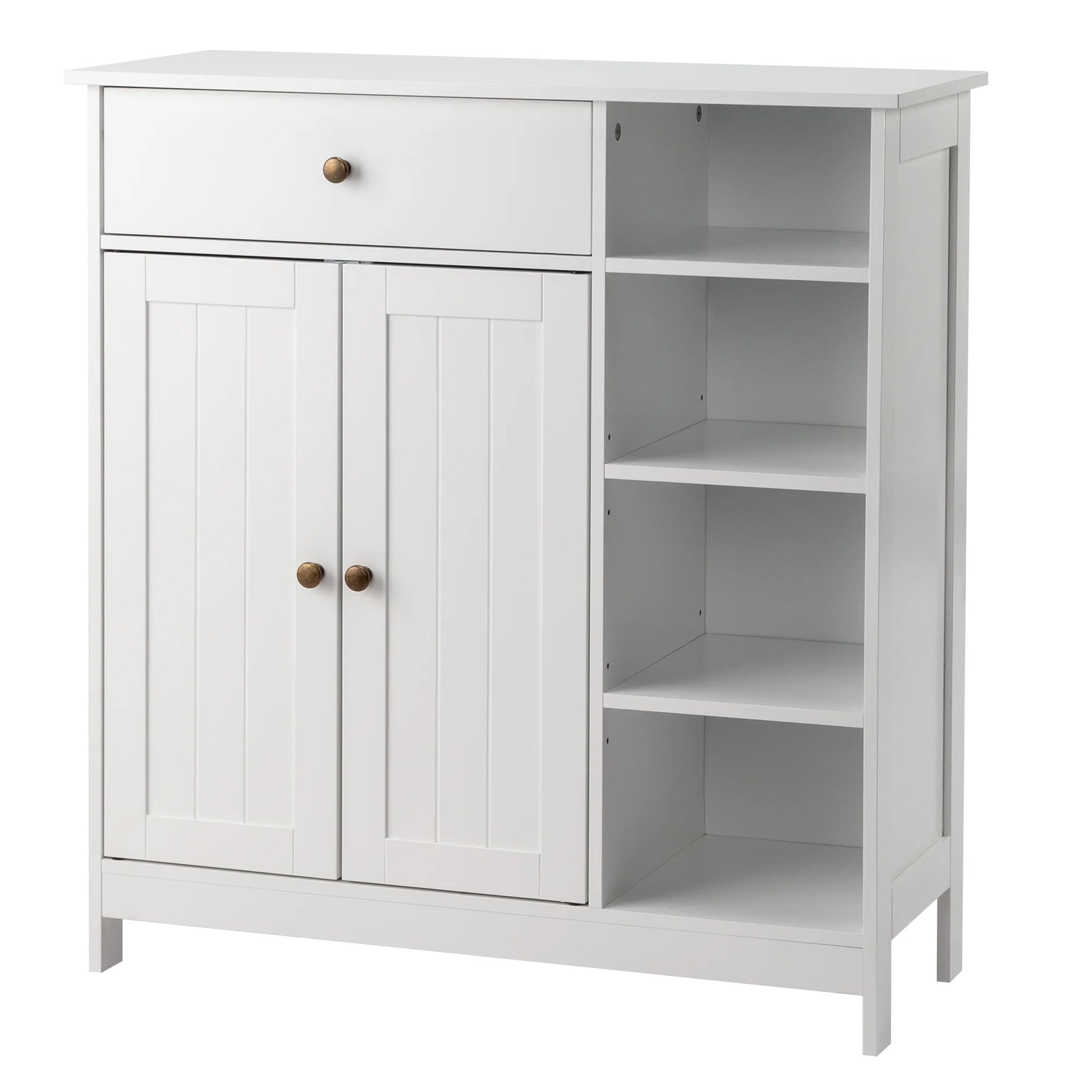 Zimtown Wooden 2-Door Bathroom Cabinet Storage Organizer with 2 Shelves& 1 Drawer & Three-layer Side Rack, White