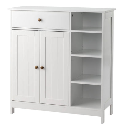 Zimtown Wooden 2-Door Bathroom Cabinet Storage Organizer with 2 Shelves& 1 Drawer & Three-layer Side Rack, White