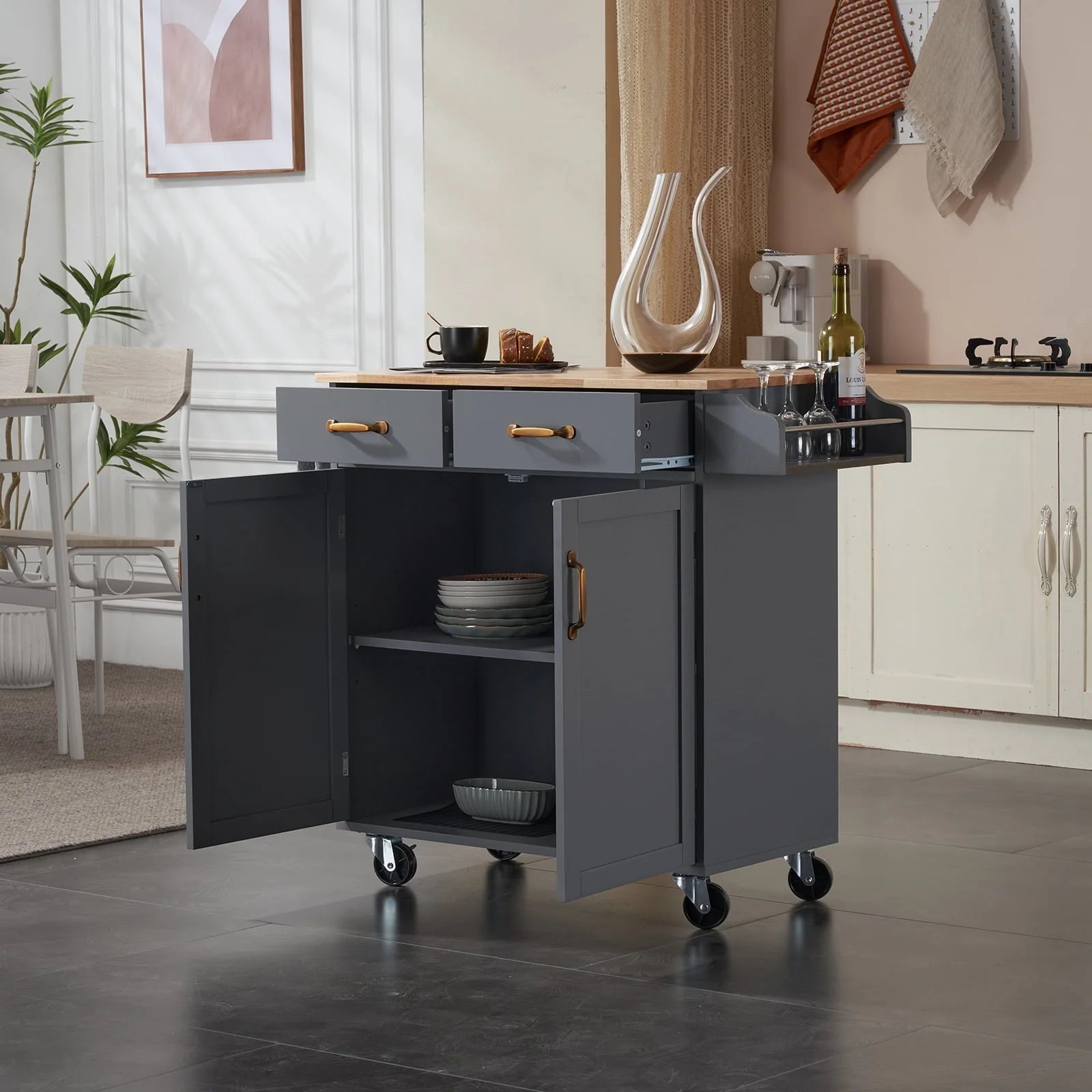 Ktaxon Rolling Trolley Cart Kitchen Island with Spice Rack, Towel Rack & Drawer, Wooden Storage Cabinet with Caster Wheels Gray
