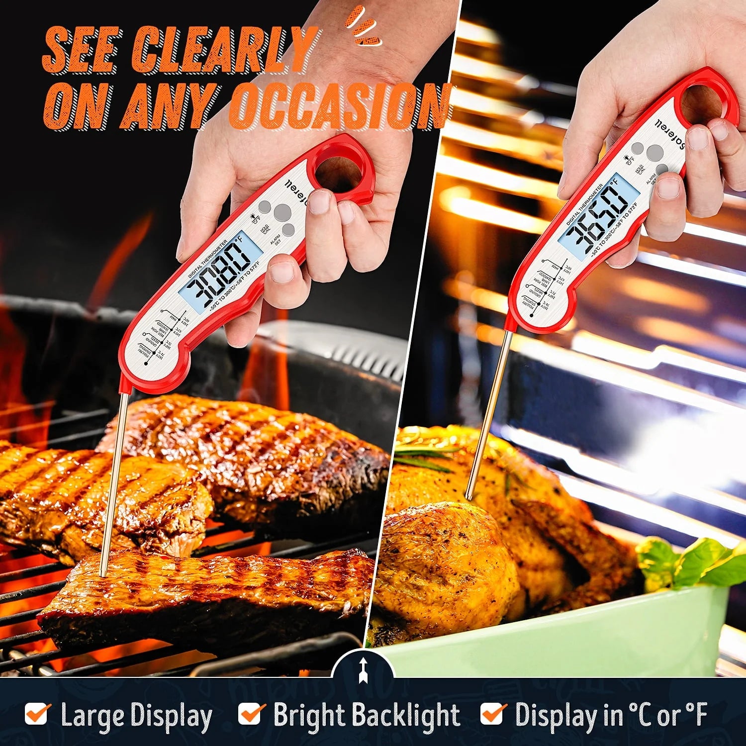 Meat Thermometer for Cooking, Saferell 2-in-1 Instant Read Food Thermometer with Foldable Probe & Oven Safe Wired Probe, Backlight, and Magnet for Deep Fry, BBQ, Grill and Roast Turkey