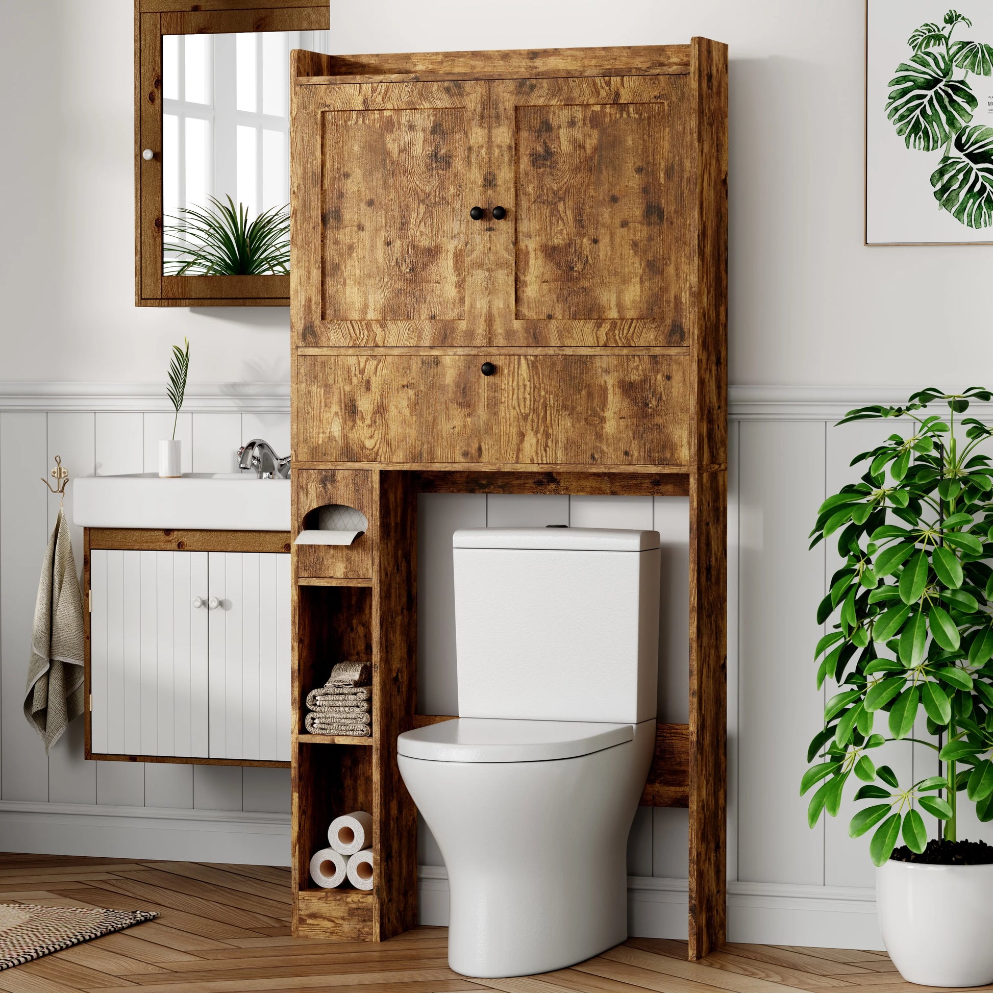 Over The Toilet Storage Cabinet,Bathroom Storage Cabinet with Wooden Doors,Bathroom Organizer Over-The-Toilet Cabinet(Distressed Brown)