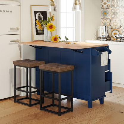 Kitchen Island with Storage, Portable Kitchen Island on Wheels with Drop-Leaf and 2 Stools, Built-in 4 Drawers and Towel Rack, Rolling Kitchen Island Cart for Home, Kitchen and Dining Room, White