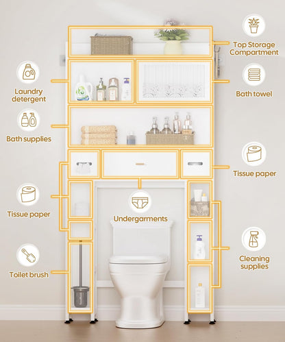 Over The Toilet Storage Cabinet with Acrylic Sliding Door Panel, Bamboo Organizer Shelf with 2 Paper Drawers and 1 Big Drawer,Space Saver Rack for Bathroom (White)