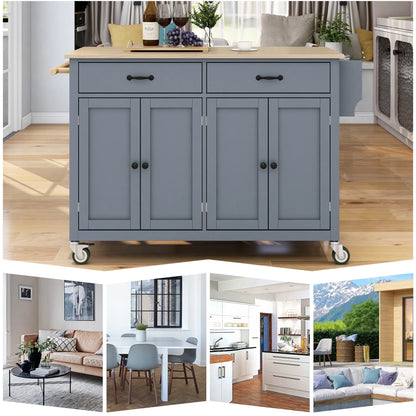 Harper & Bright Designs Rolling Kitchen Island Cart with Solid Wood Top and Locking Wheels, 4 Door, Storage Cabinet and Two DrawersSpice Towel Rack, Blue