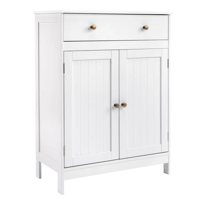 BaytoCare Wooden Free Standing Bathroom Floor Cabinet with Drawer and Double Doors, Bathroom Storage Organizer also Suitable for Kitchen Entryway Bedroom, White Finish