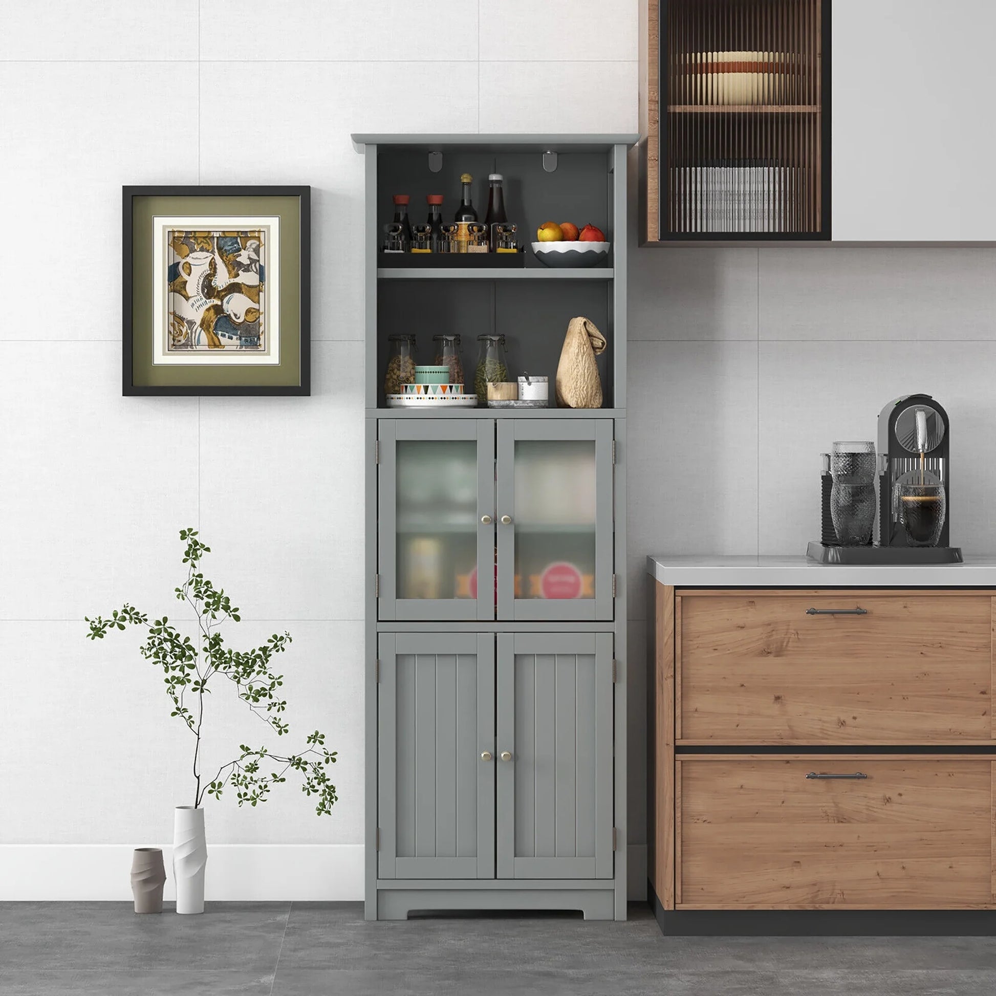 Gymax Bathroom Tall Storage Cabinet Linen Tower w/Glass Door & Adjustable Shelf Grey