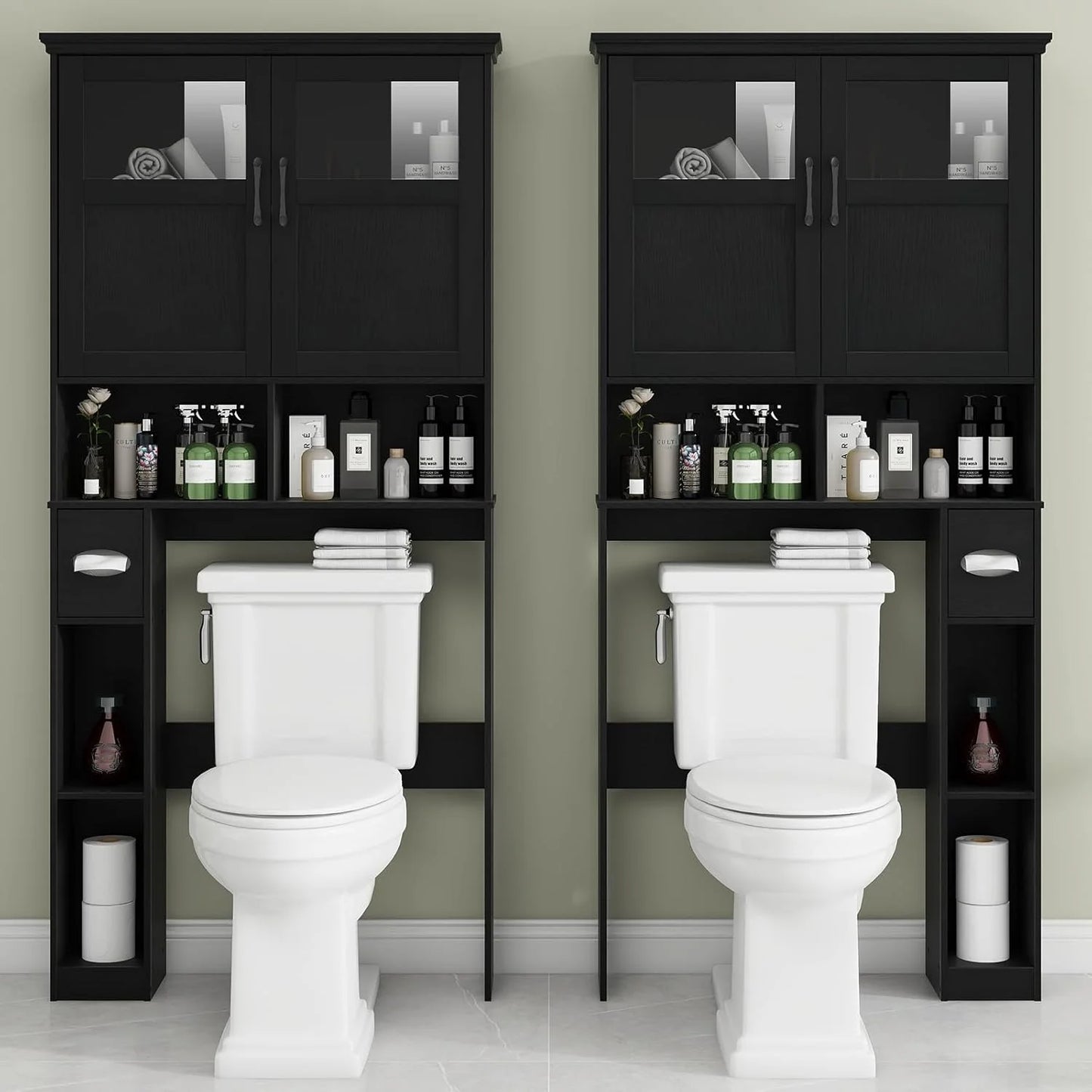Over The Toilet Storage Cabinet, Storage Cabinet Over Toilet with Double Doors & Toilet Paper Holder Stand, Freestanding Toilet Shelf Space Saver with Anti-Tip Design & Adjustable Shelf, Black