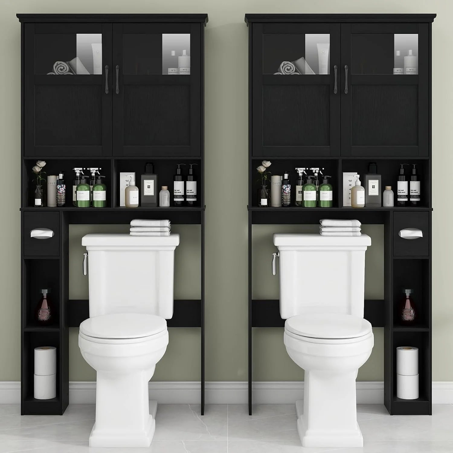 Over The Toilet Storage Cabinet, Storage Cabinet Over Toilet with Double Doors & Toilet Paper Holder Stand, Freestanding Toilet Shelf Space Saver with Anti-Tip Design & Adjustable Shelf, Black