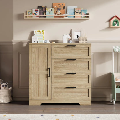 43.3'' Small Wardrobe Closet, Wardrobe Cabinet with Door, 4 Drawers and Handing Rod, Wooden Clothes Cabinet 4 Drawer Dresser for Bedroom, Laundry Room, Cloak Room, Natural Oak